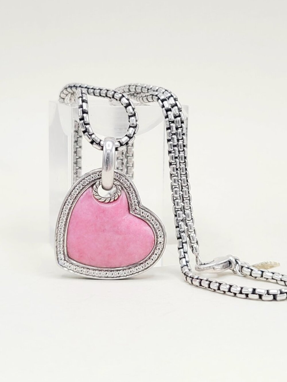 David Yurman Large Pink Heart Pendant Necklace w/ Rhodonite & White Diamonds 18"